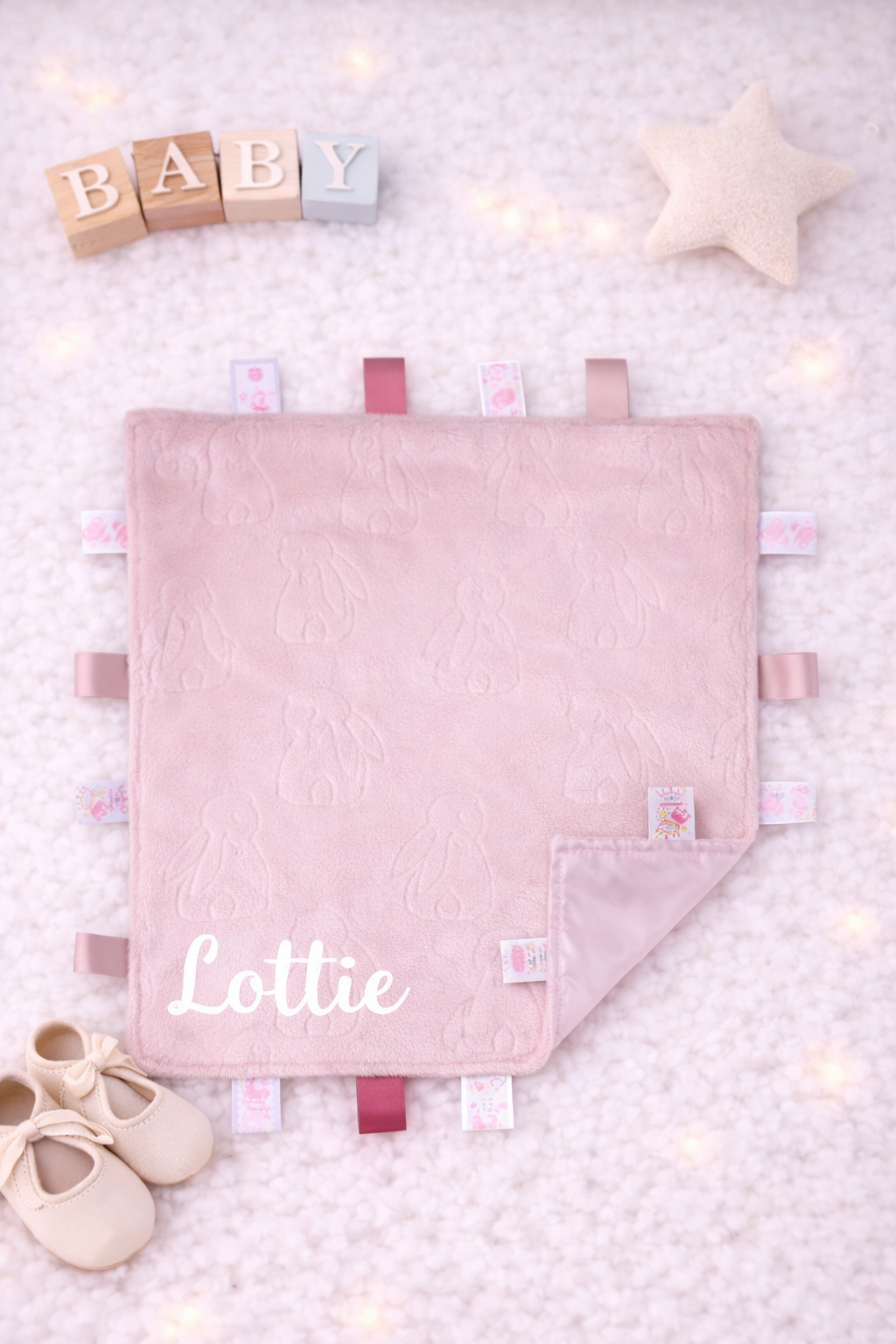 Pale pink rabbit taggy comforter- personalised