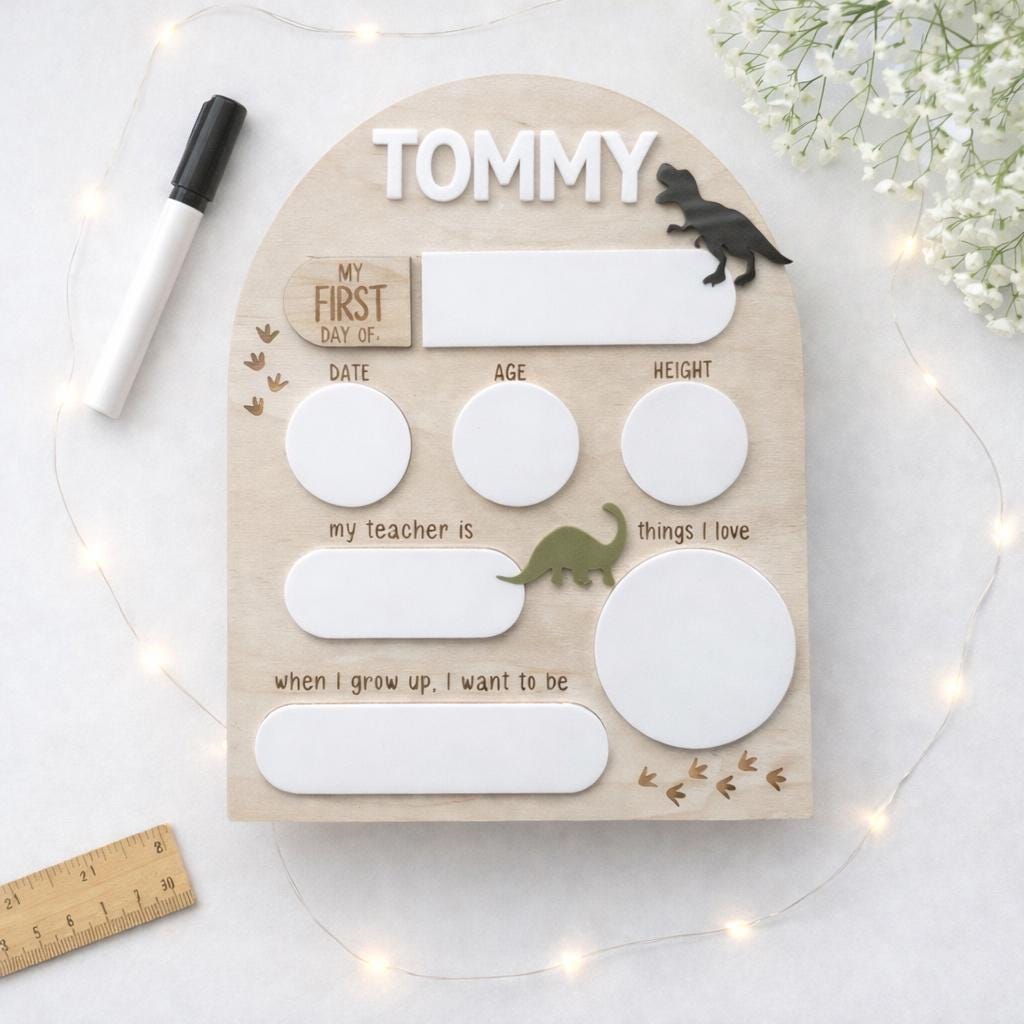 Personalised Reusable First & Last Day of School Memory Board - dino