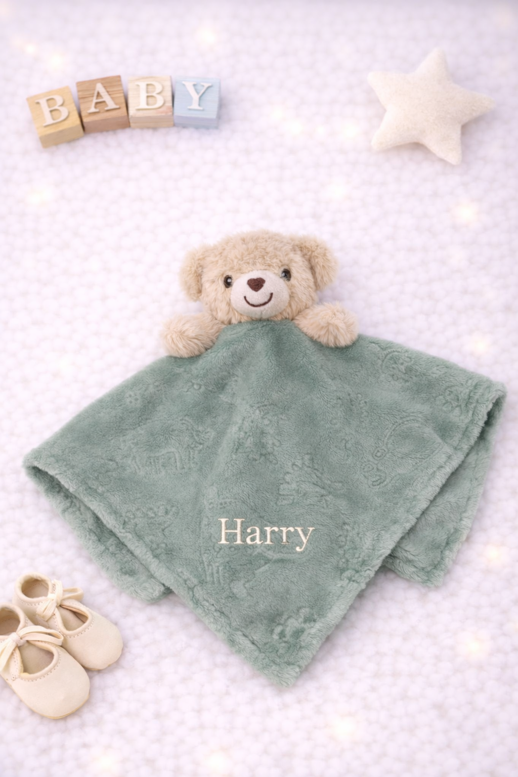 Green and beige bear comforter with blanket- personalised