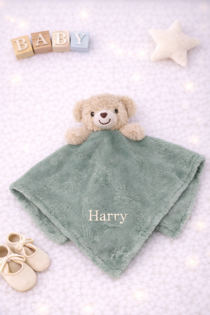 Green and beige bear comforter with blanket- personalised