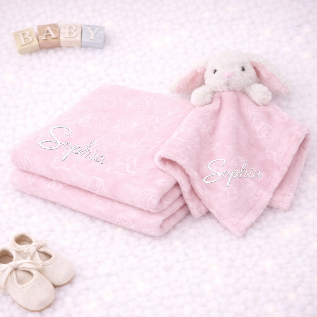 Pale pink rabbit comforter with blanket- personalised
