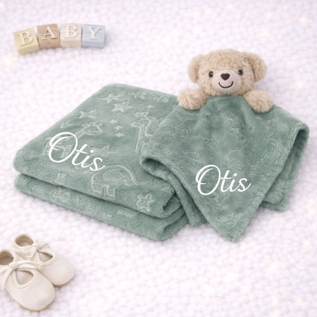 Green and beige bear comforter with blanket- personalised