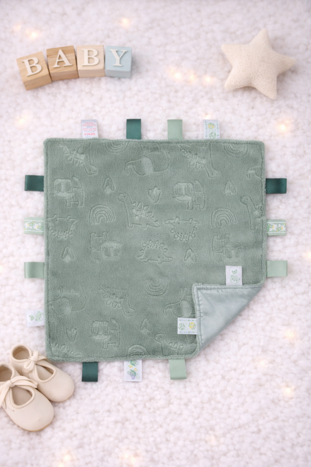 Sage green dinosaur taggy comforter- blank