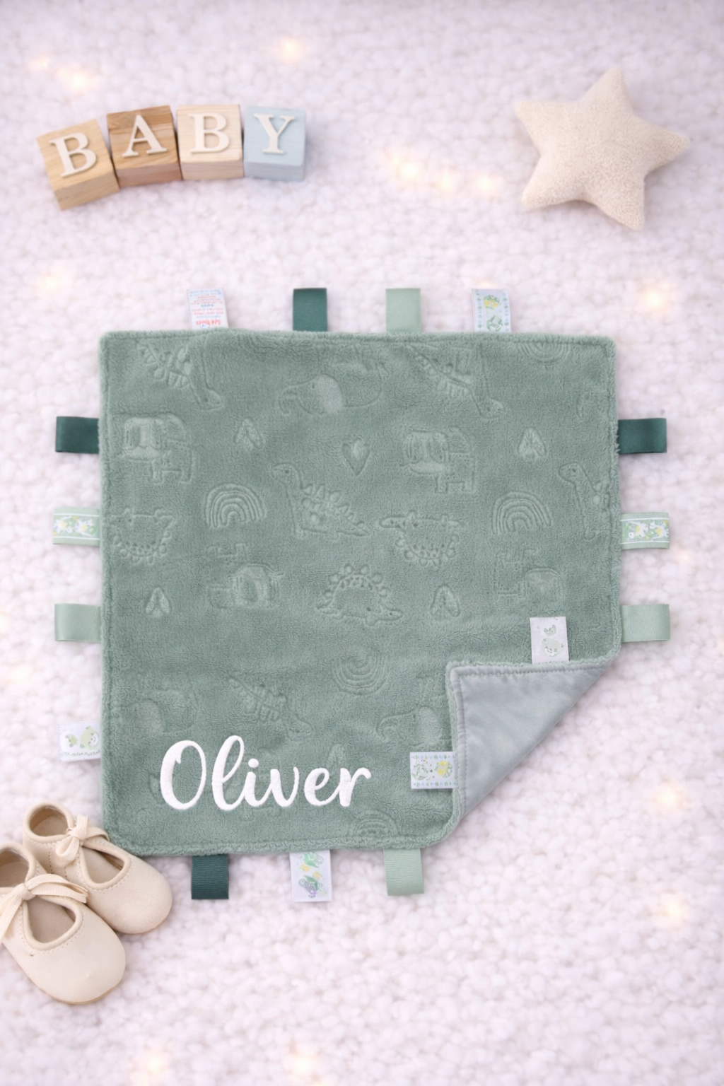 Sage green dinosaur taggy comforter- personalised
