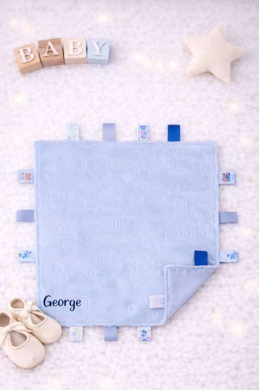 Blue cars and bus taggy comforter- personalised