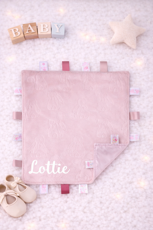Pale pink rabbit taggy comforter- personalised