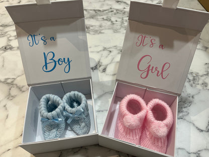 Pregnancy Announcement Baby Booties in Box Gender Reveal