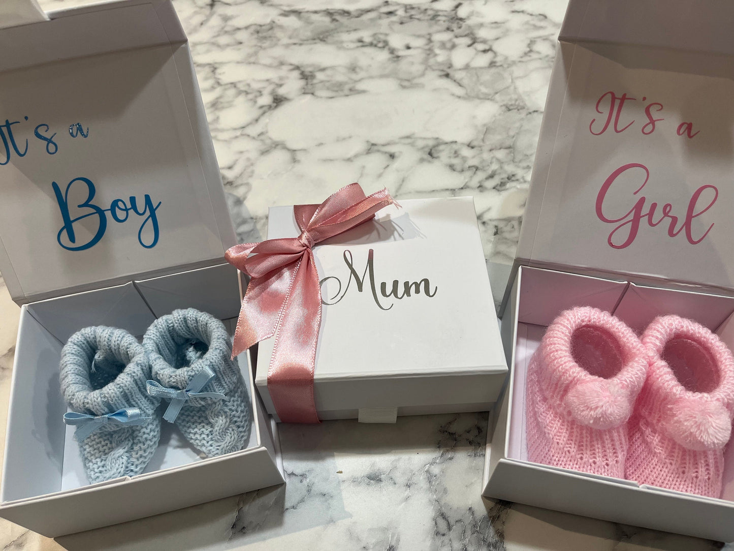 Pregnancy Announcement Baby Booties in Box Gender Reveal