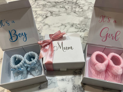 Pregnancy Announcement Baby Booties in Box Gender Reveal