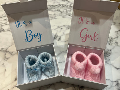 Pregnancy Announcement Baby Booties in Box Gender Reveal