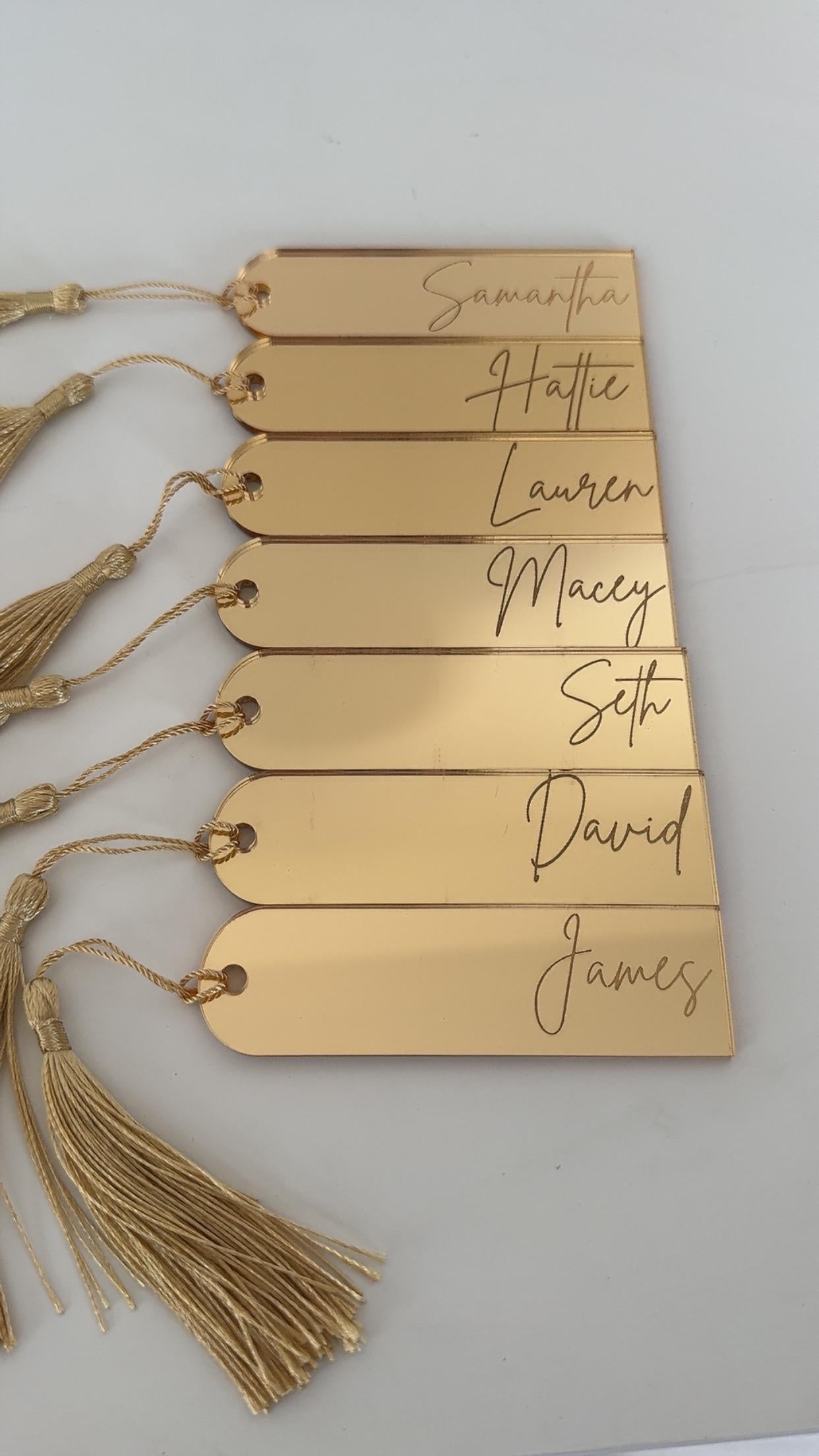 Personalised acrylic name place cards, mirrored place cards for weddings