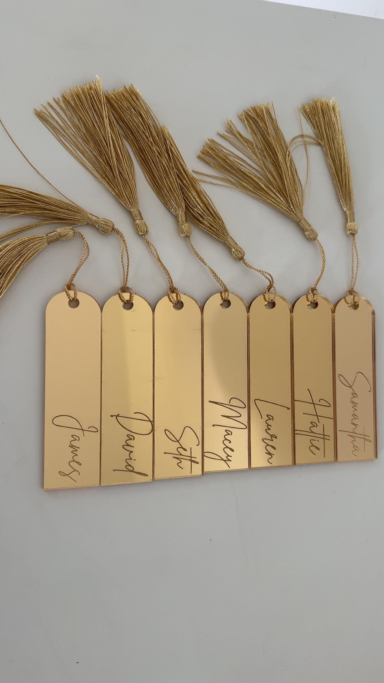 Personalised acrylic name place cards, mirrored place cards for weddings