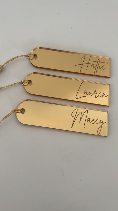 Personalised acrylic name place cards, mirrored place cards for weddings