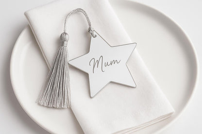 Personalised acrylic name place cards, mirrored place cards for Christmas or parties, gold mirror place mats. acrylic engraved star cards