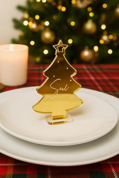 Personalised acrylic name place cards, mirrored place cards for weddings or parties, gold mirror place  acrylic engraved cards tree mat