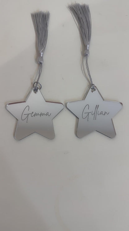 Personalised acrylic name place cards, mirrored place cards for Christmas or parties, gold mirror place mats. acrylic engraved star cards