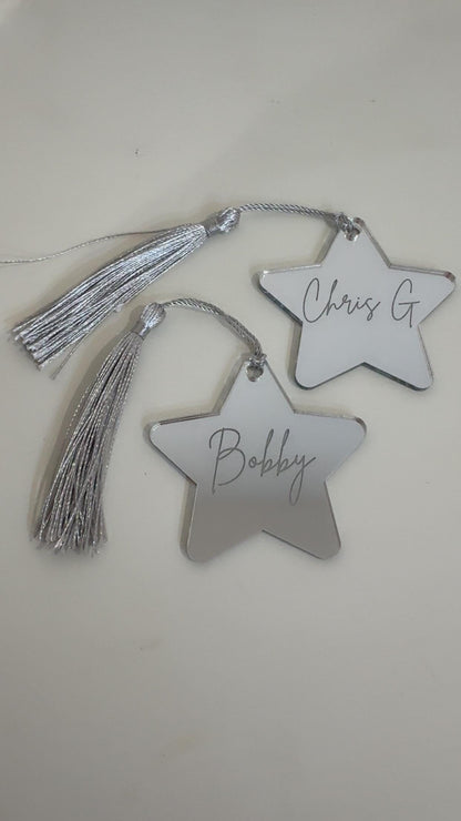 Personalised acrylic name place cards, mirrored place cards for Christmas or parties, gold mirror place mats. acrylic engraved star cards