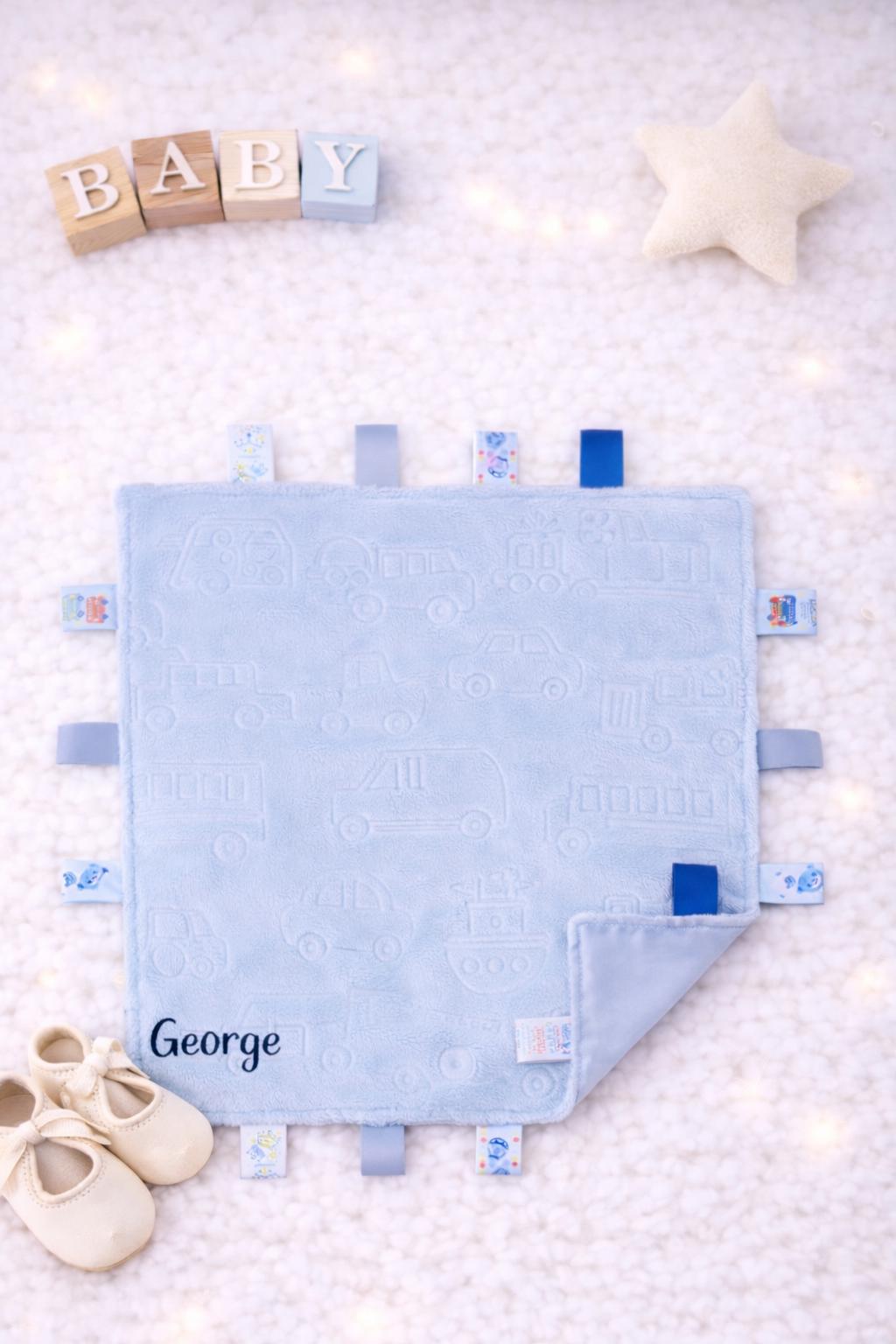 Personalised Baby Taggie with Embroidered Baby Name.