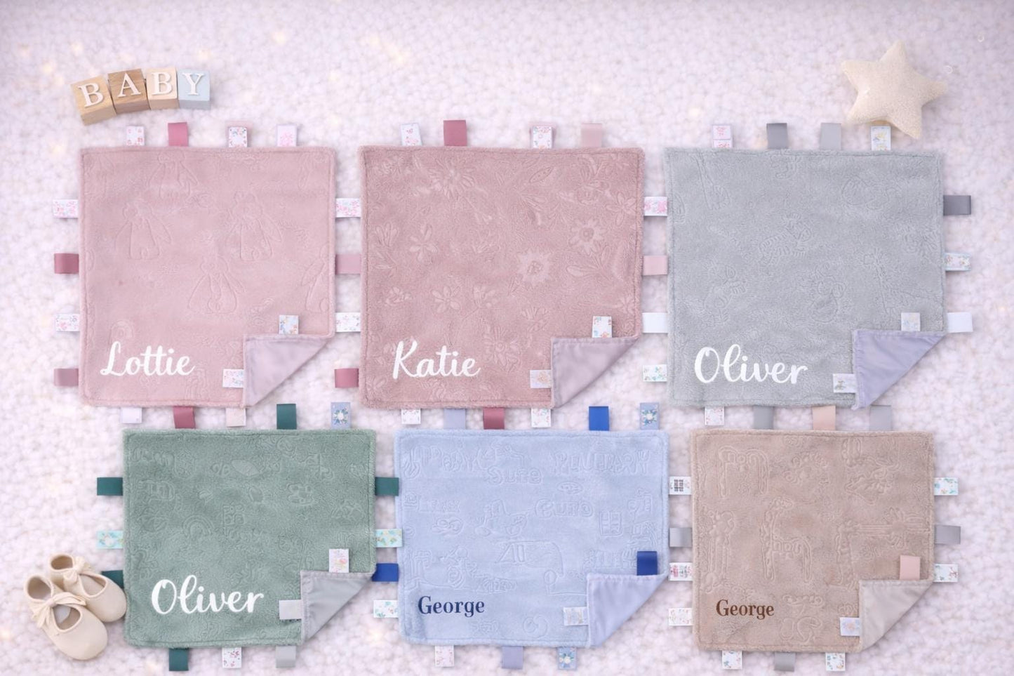 Personalised Baby Taggie with Embroidered Baby Name.