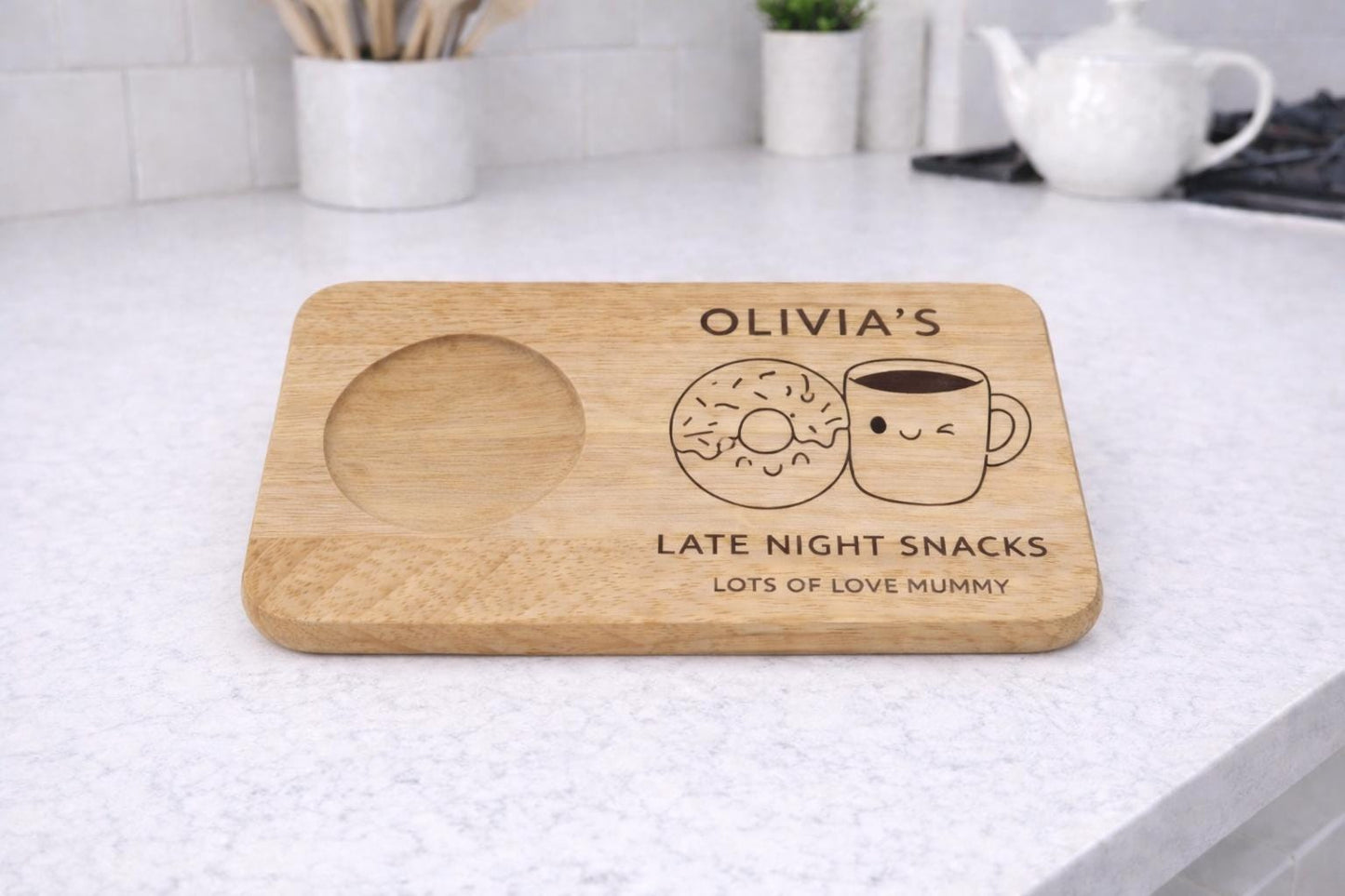 Personalised Tea and Cookies Board, Kids Snack Board - doughnut & tea