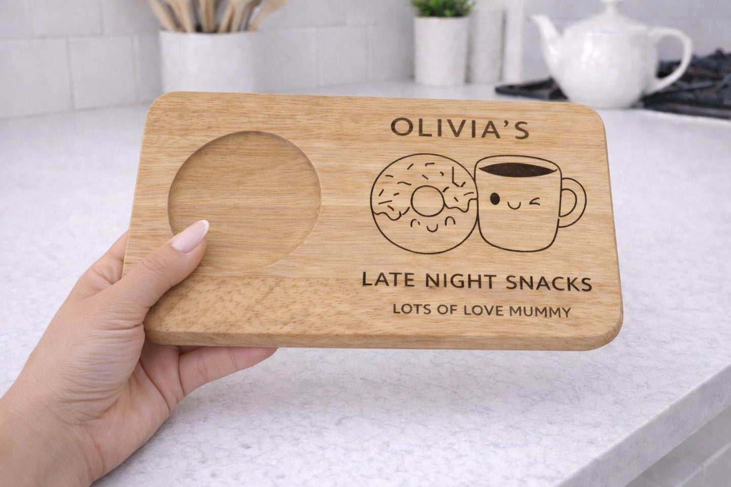 Personalised Tea and Cookies Board, Kids Snack Board - doughnut & tea