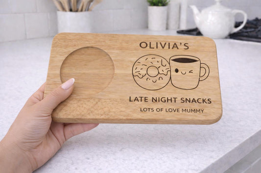 Personalised Tea and Cookies Board, Kids Snack Board - doughnut & tea