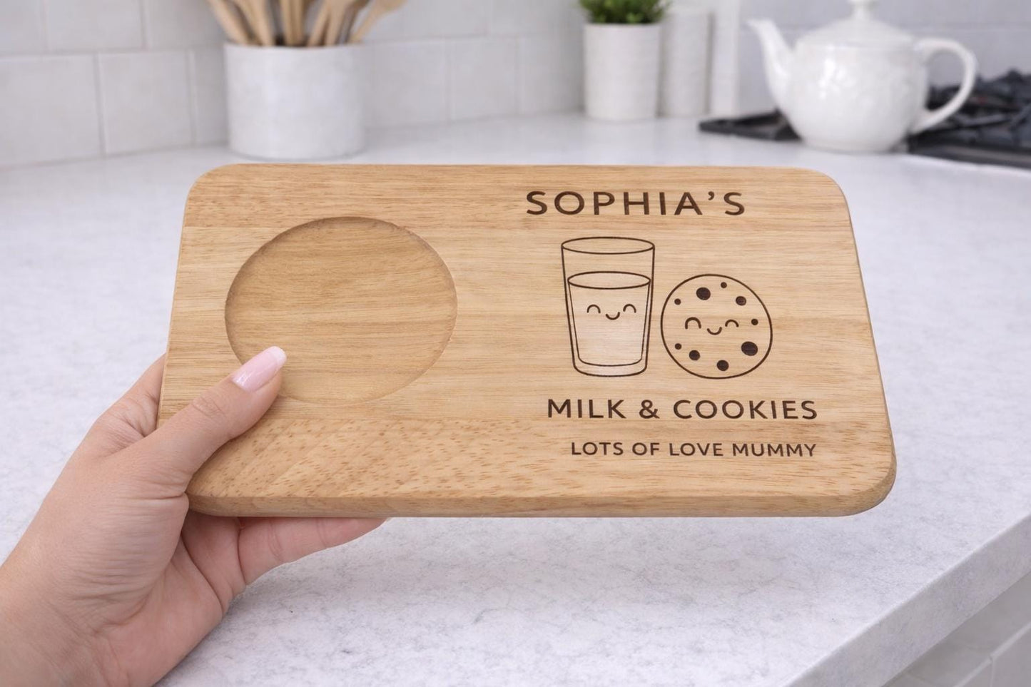Personalised Tea and Cookies Board, Kids Snack Board - milk & cookie