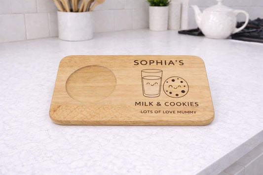 Personalised Tea and Cookies Board, Kids Snack Board - milk & cookie