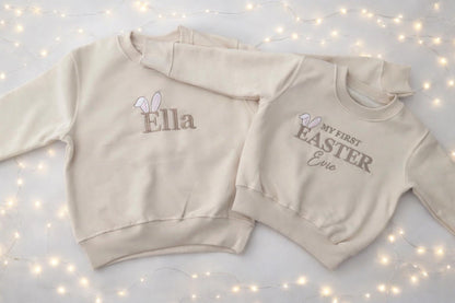 Personalised My First Easter Baby Sweatshirt UK, Custom Name Bunny Ears Baby Jumper, Neutral Baby Easter Outfit, Newborn Gift, First Easter