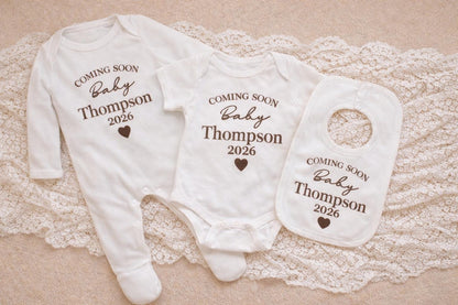 Personalised Baby Announcement Outfit 2026, Coming Soon Baby Vest, Custom Surname Baby Grow, Pregnancy Announcement, Baby Reveal Outfit
