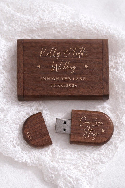 Personalised Wooden Wedding USB & Box, Walnut