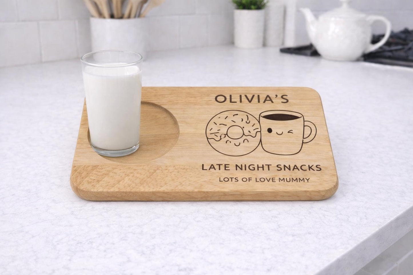 Personalised Tea and Cookies Board, Kids Snack Board - doughnut & tea