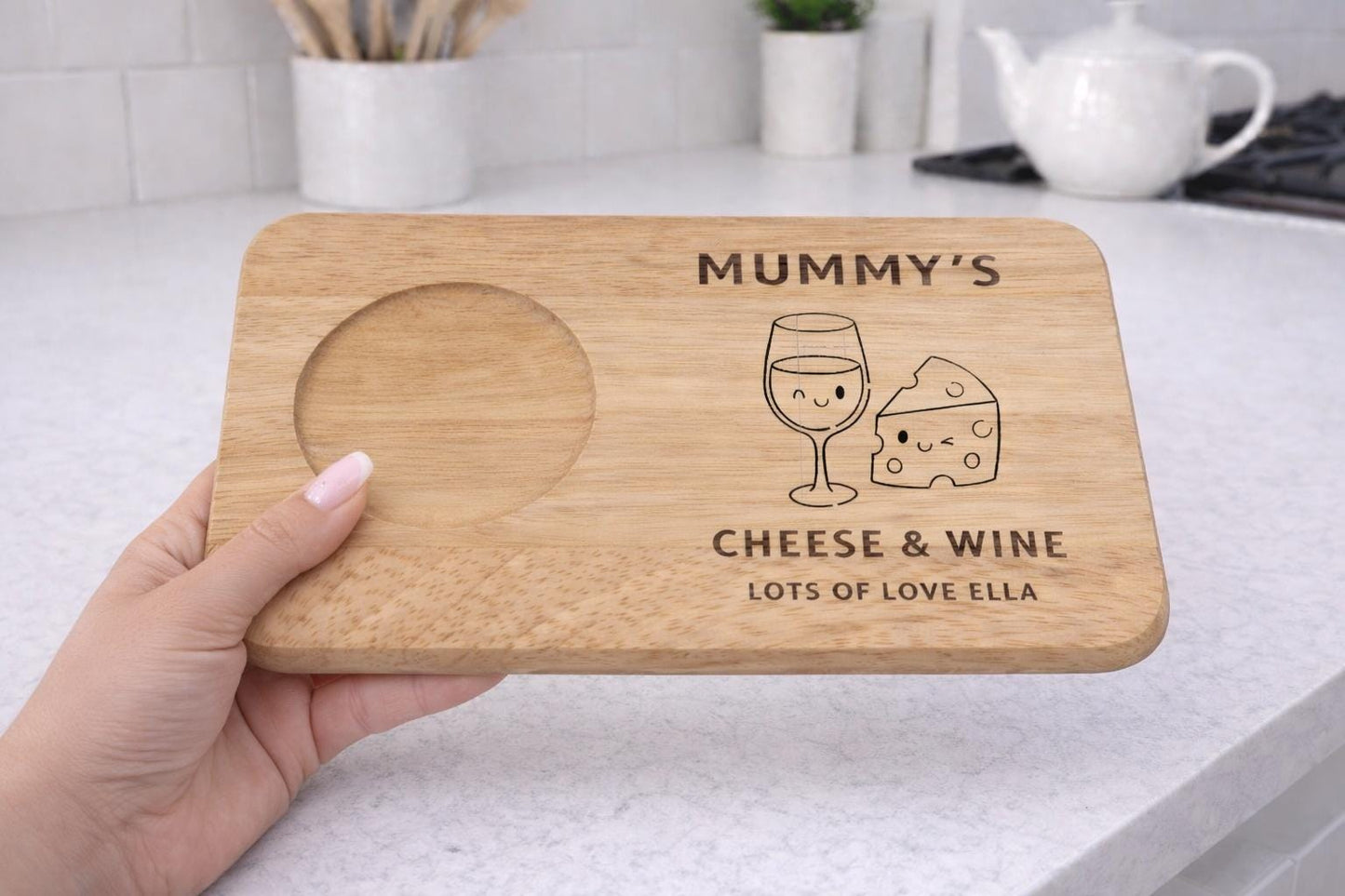 Personalised Mummy Cheese Board With Wine Glass Holder