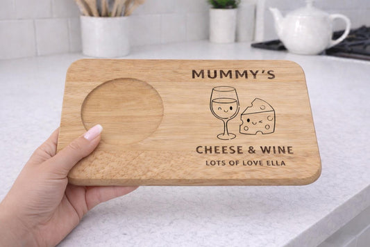 Personalised Mummy Cheese Board With Wine Glass Holder
