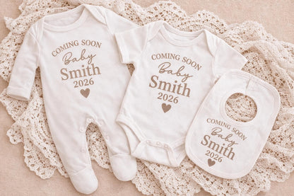 Personalised Baby Announcement Outfit 2026, Coming Soon Baby Vest, Custom Surname Baby Grow, Pregnancy Announcement, Baby Reveal Outfit