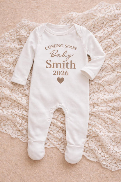 Personalised Baby Announcement Outfit 2026, Coming Soon Baby Vest, Custom Surname Baby Grow, Pregnancy Announcement, Baby Reveal Outfit